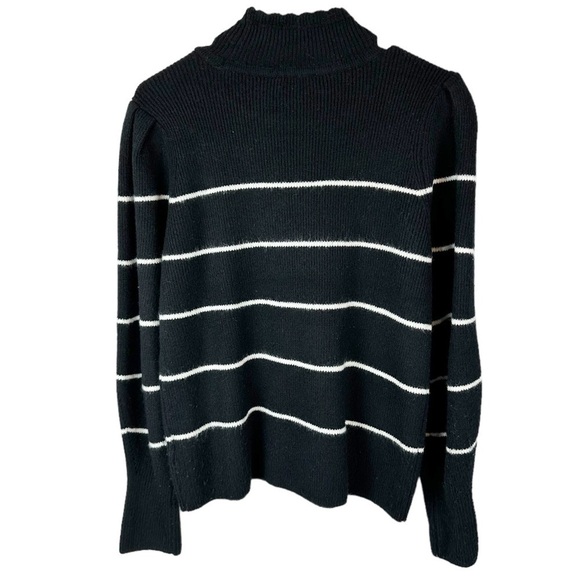 Cece Mock Neck Black and White Stripe Puff Flounce Sleeve Sweater - Picture 3 of 9